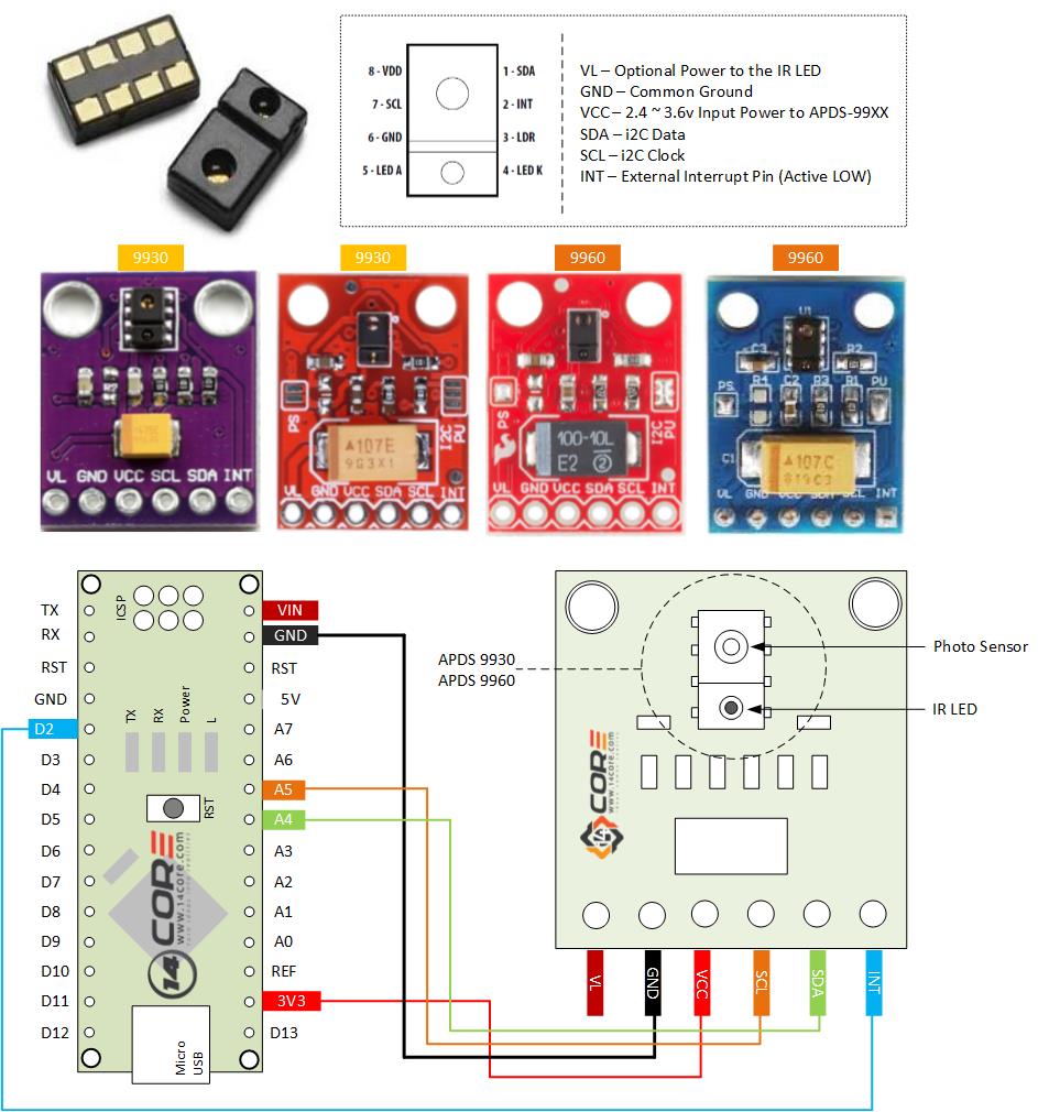 Wiring the APDS 9930 Ambient Light Sense / APDS 9960 RGB Gesture Sensor with Microcontroller