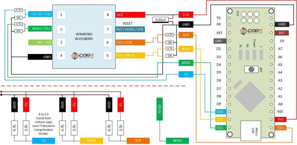 Wiring the Winbond W25QXX SPI Serial Flash Memory with Microcontroller