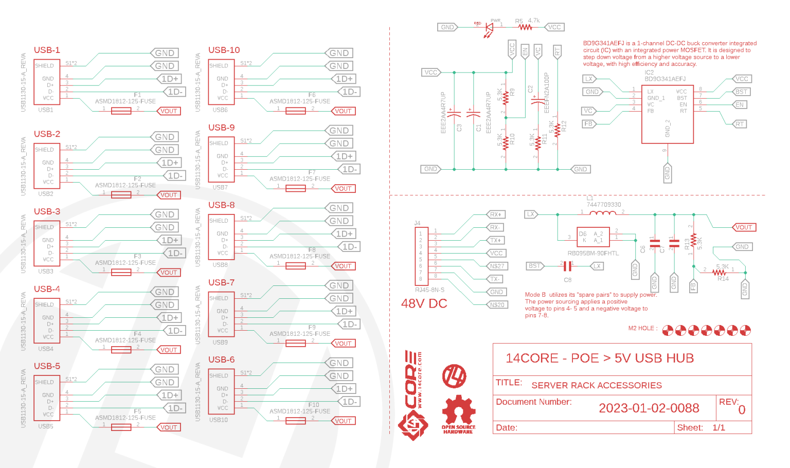 14CORE POE (Power Over to USBA 5V Power Hub / Server Rack Mountable for RPI/ESP8266